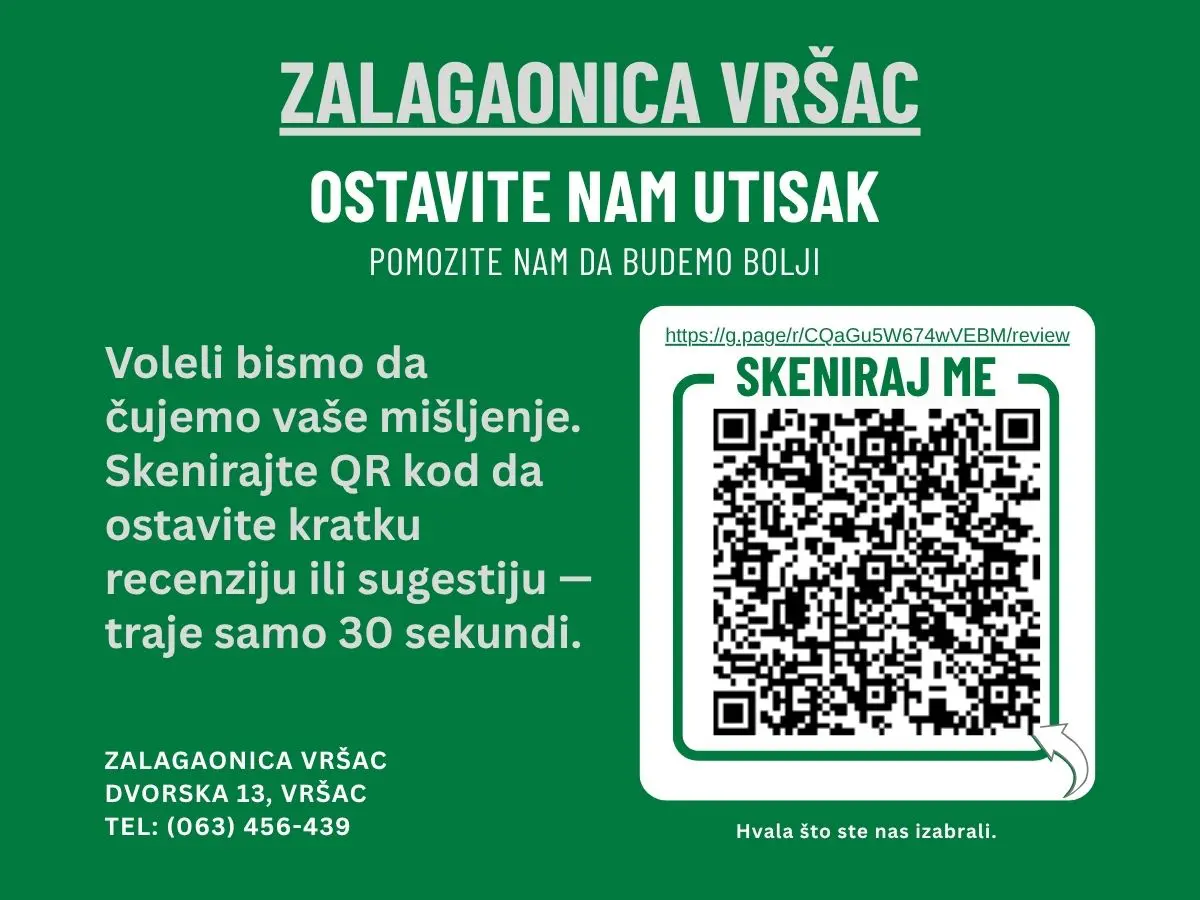 QR kod — ostavite recenziju za Zalagaonica Vršac na Google-u
